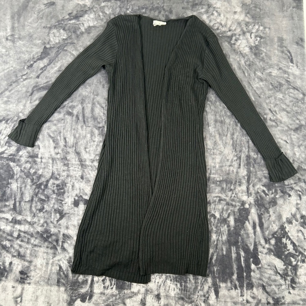 G.A.S. Cardigan Women XL Black Ribbed Knit Longline Open Front Vintage 3926
